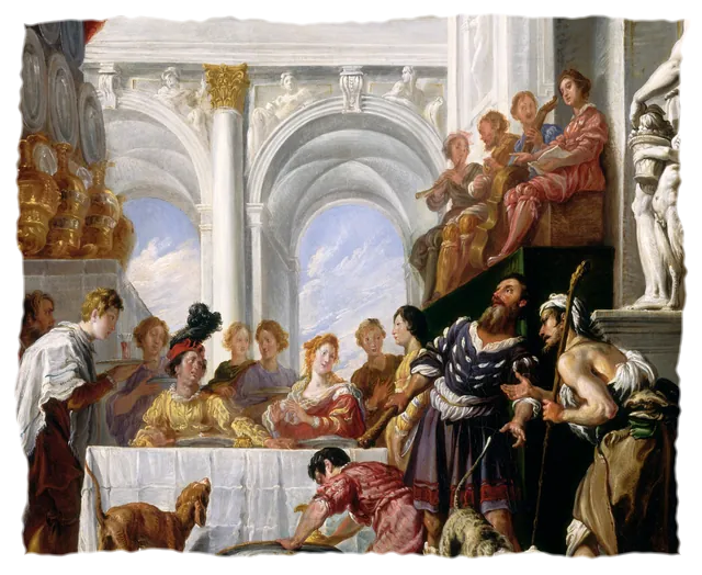 A painting of a banquet beneath a marble colonnade, guests seated at a long white table.