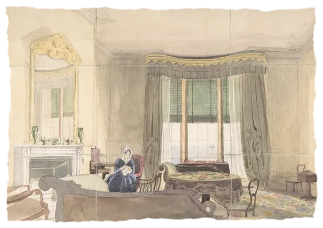 A watercolour of a quiet drawing room with a fireplace, tall curtained windows and a woman reading.
