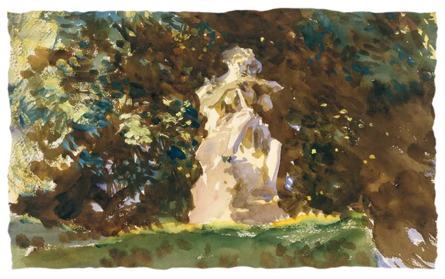 A loose watercolour of a marble statue among dark garden foliage in summer light.