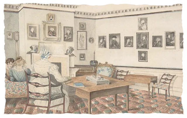 A watercolour of a drawing room hung with portraits, where three women sit by the fireplace.